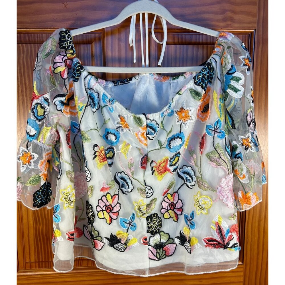 Alexia Admor Large Blouse Floral Embroidered Off The Shoulder Sheer Sleeves - Picture 3 of 7